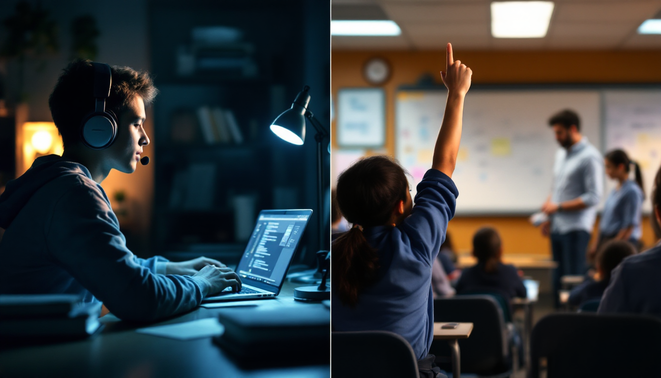 온라인 코딩 학습과 오프라인 코딩 학습 환경을 동시에 보여주는 이미지