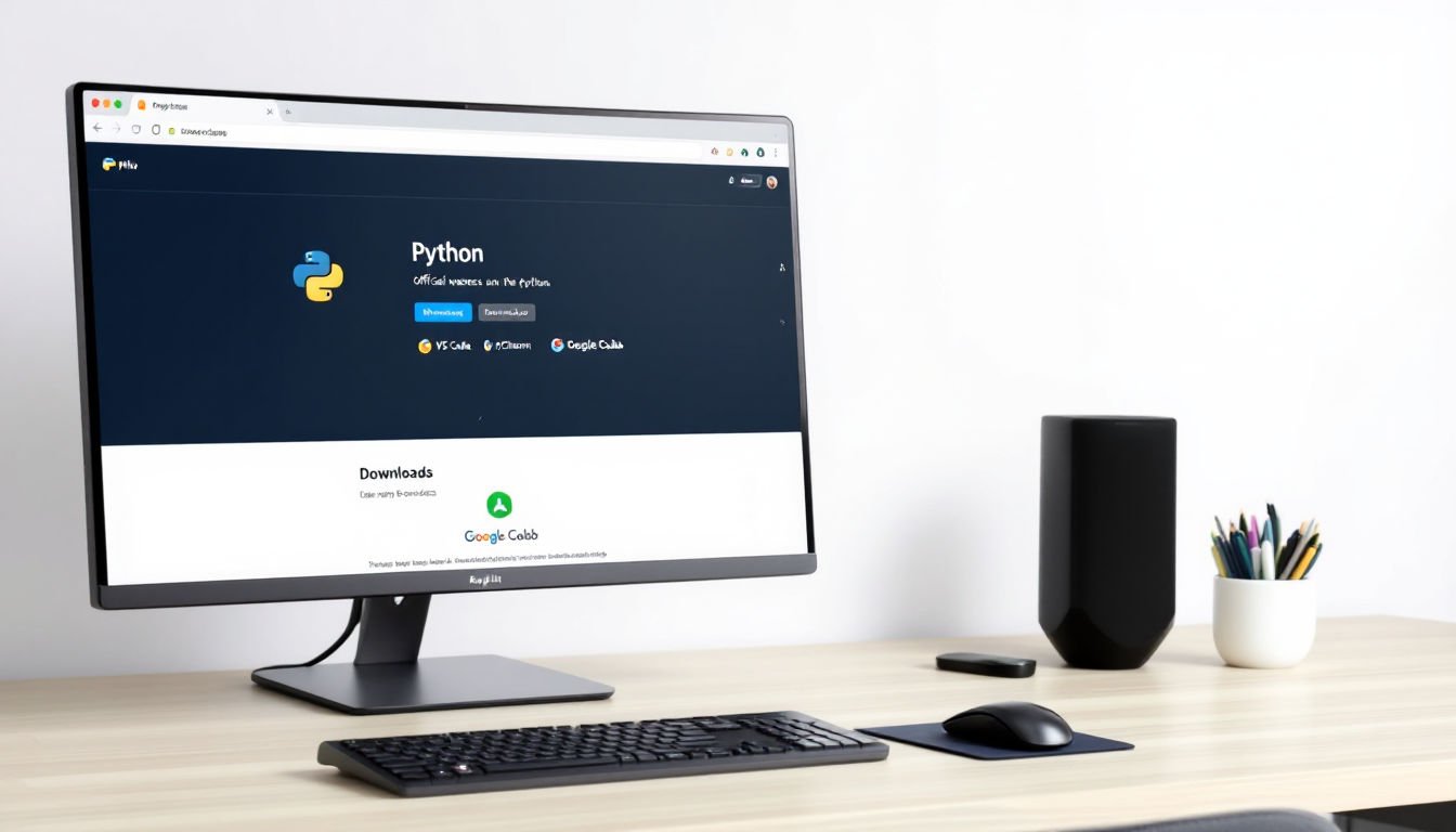 파이썬 공식 사이트, VS 코드, 파이참, 리플릿, 구글 코랩 등 코딩 환경 준비물을 보여주는 이미지