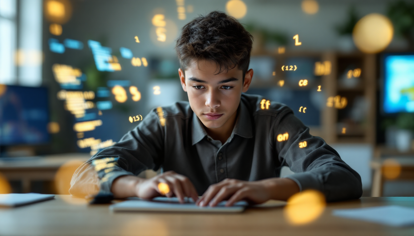 중학생이 랩톱으로 파이썬 코딩을 배우며 AI와 데이터 과학을 배경으로 하는 모습