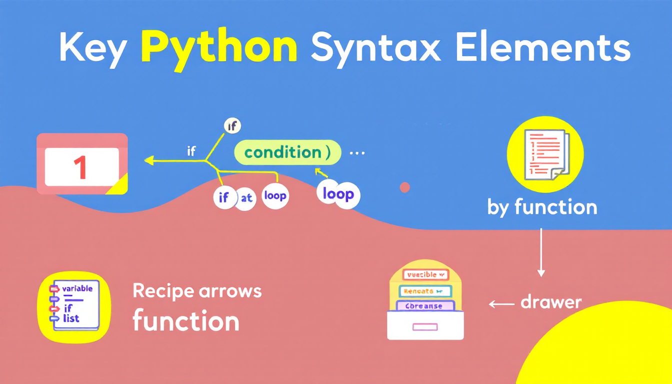중학생 이해를 돕는 파이썬의 다섯 가지 핵심 문법을 시각화한 이미지