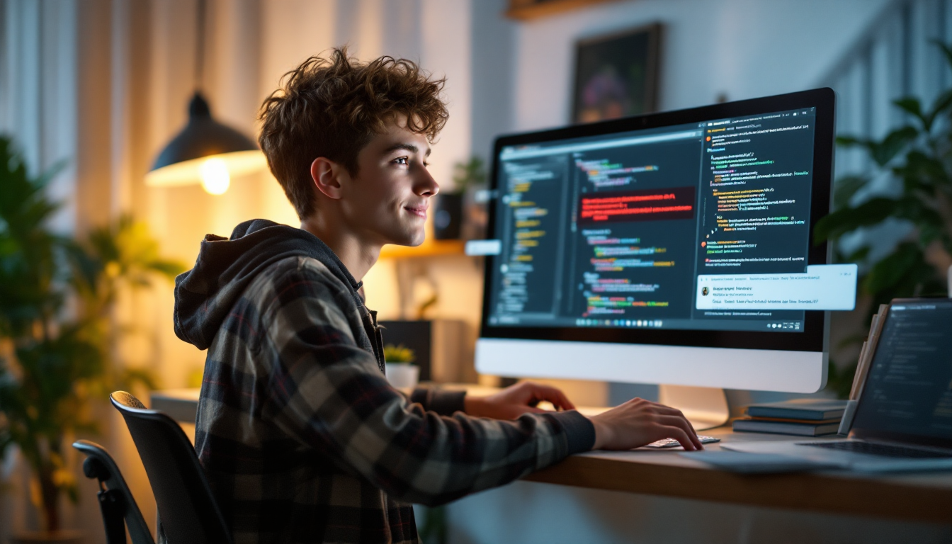 코딩 오류 메시지를 만나도 침착하게 해결책을 찾는 중학생 이미지