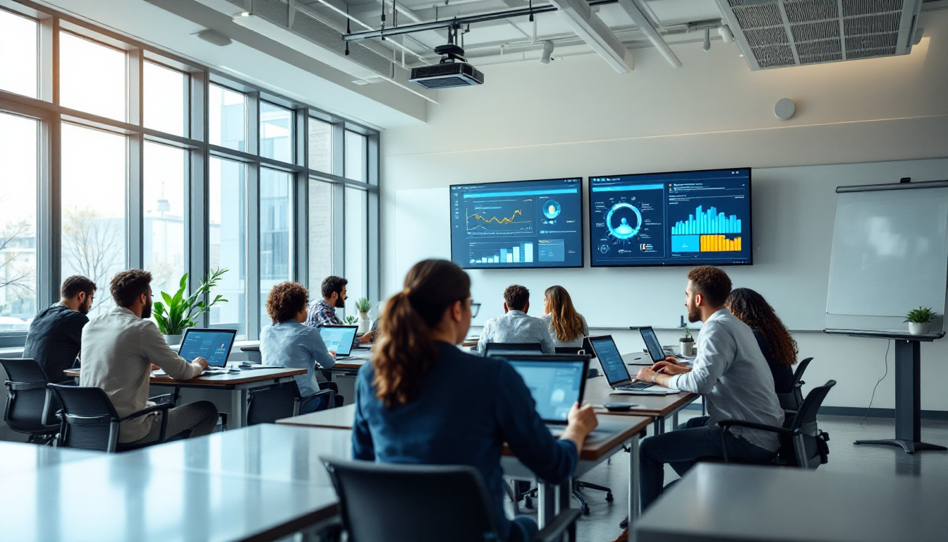 최신 테크놀로지 강의실에서 다양한 학생들이 파이썬 프로젝트에 참여하는 모습