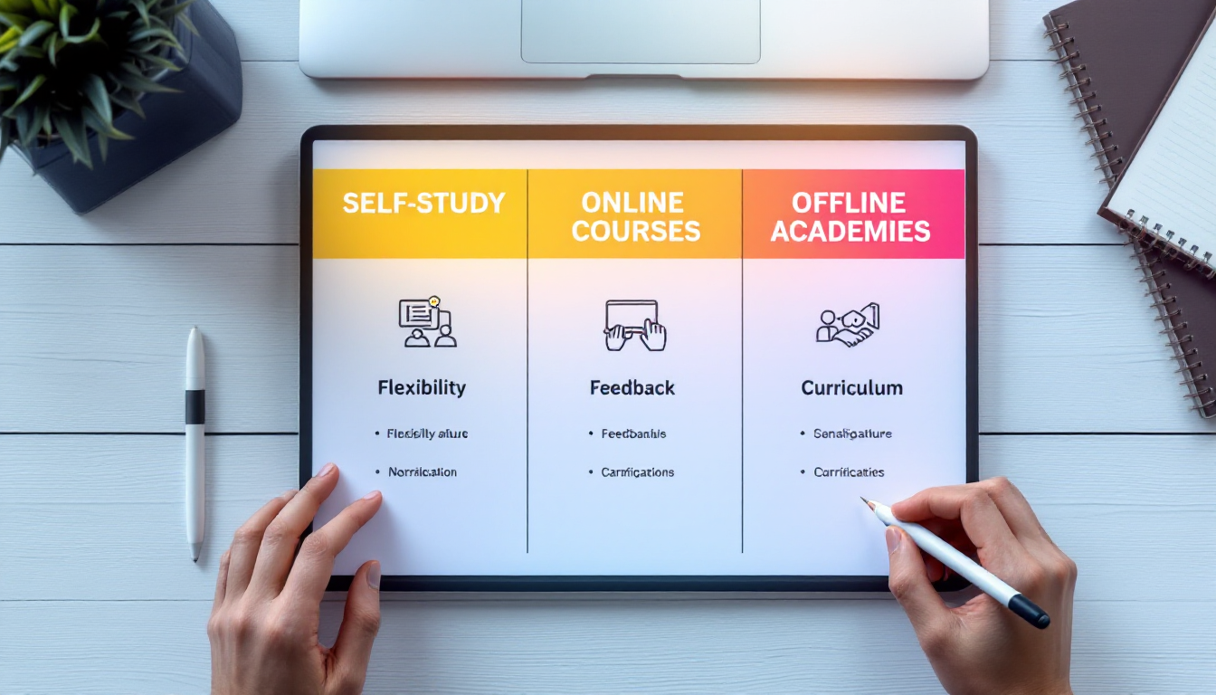 독학, 온라인 강의, 오프라인 학원의 장단점을 시각적으로 비교한 이미지