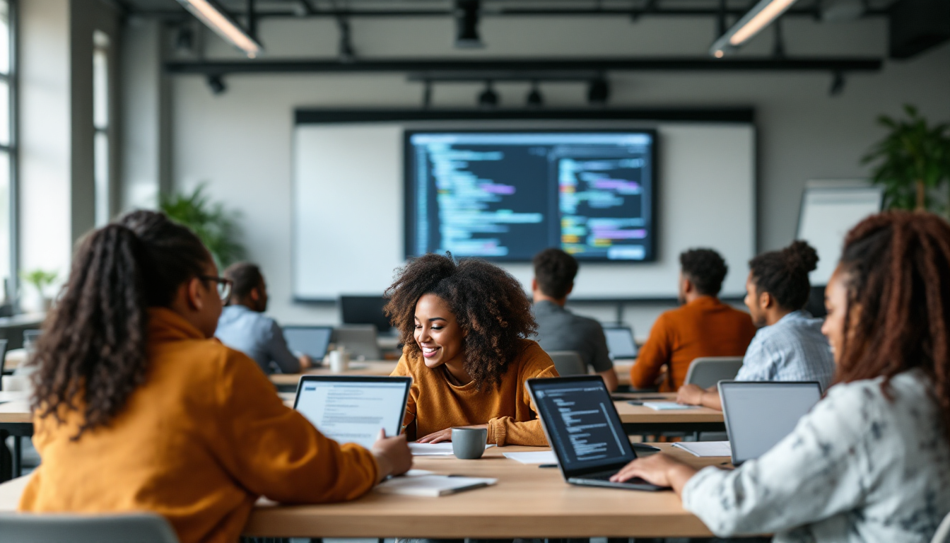 비전공자와 다양한 사람들이 함께 모여 2025년 AI 프로그래밍을 배우고 있는 모습