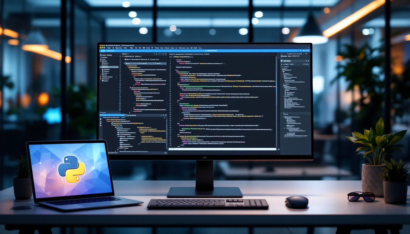 2025년 파이썬이 인공지능, 데이터 분석, 웹 개발 중심 기술임을 나타내는 개발자 작업 공간 이미지