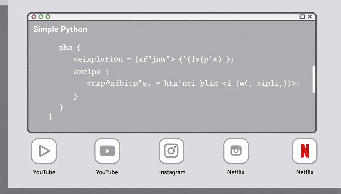 파이썬 코드와 유튜브, 인스타그램, 넷플릭스 같은 서비스를 보여주는 이미지