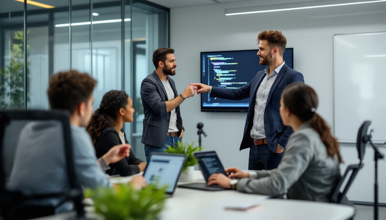 실무 프로젝트에 집중하며 강사가 학생들에게 피드백을 주는 현장감 있는 강의 장면